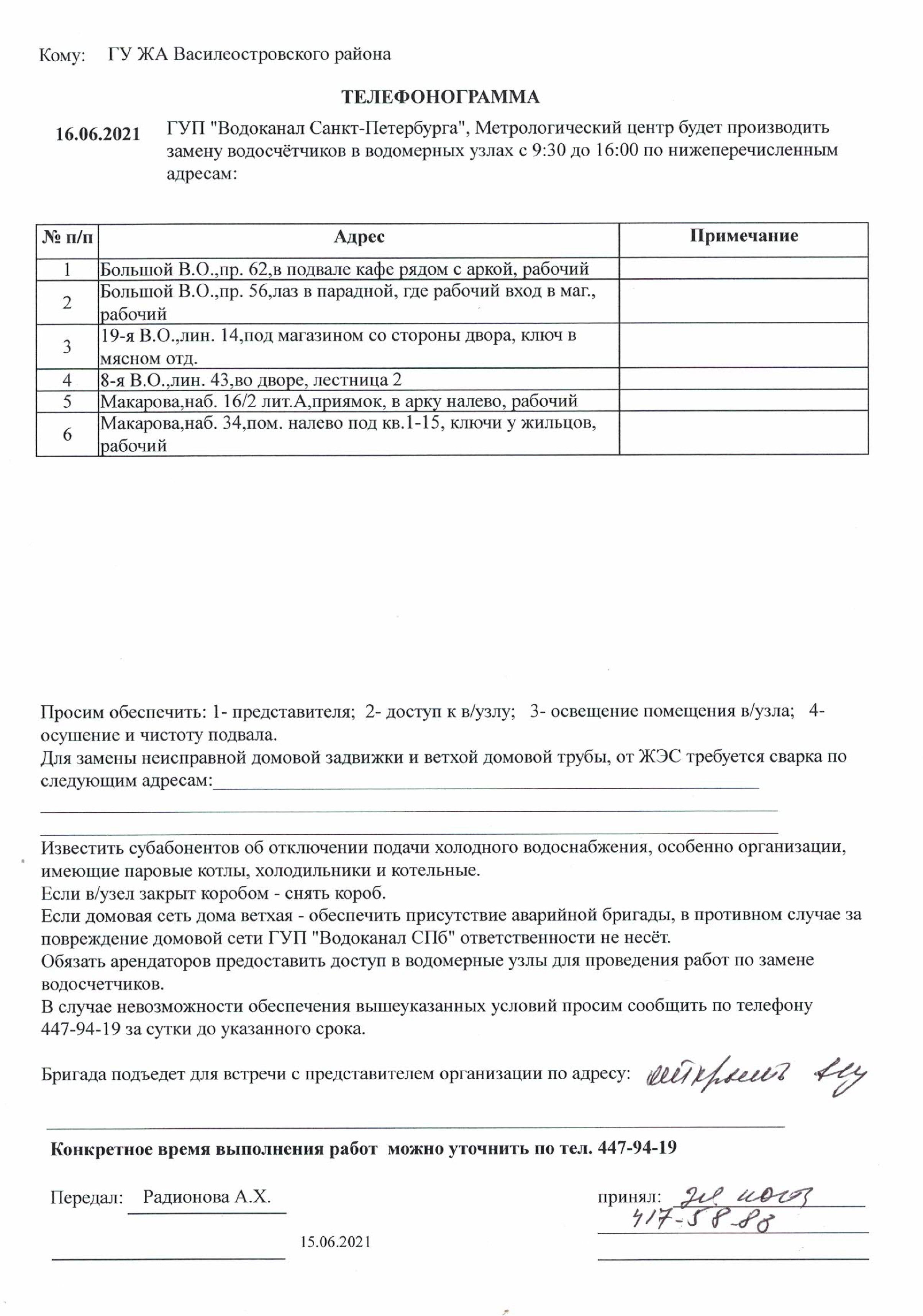 Отключение ХВС в связи с заменой водомерных узлов - ЖКС №1  Василеостровского района